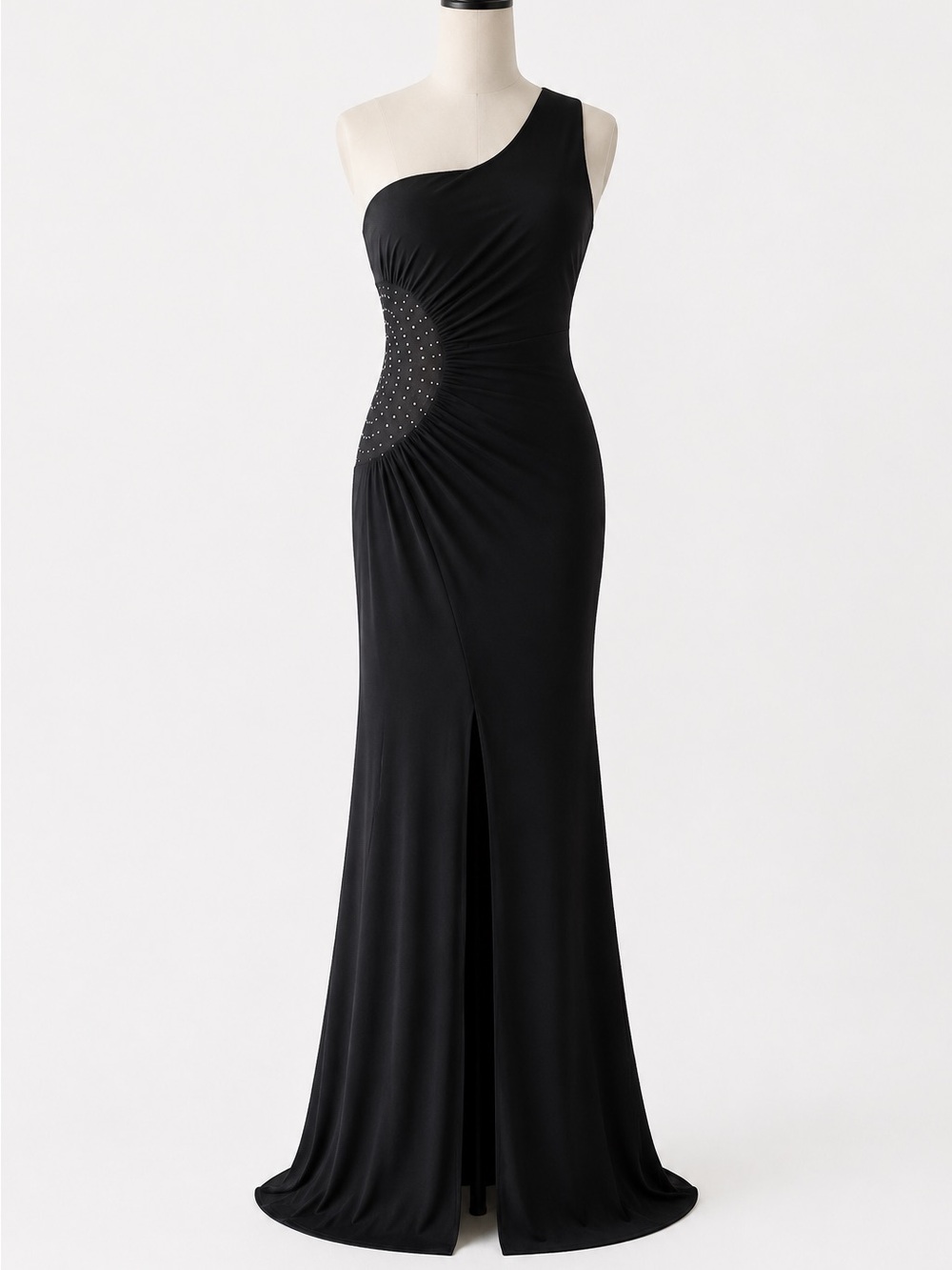 Selectives Black One-Shoulder Evening Gown with Side Crystal Detail